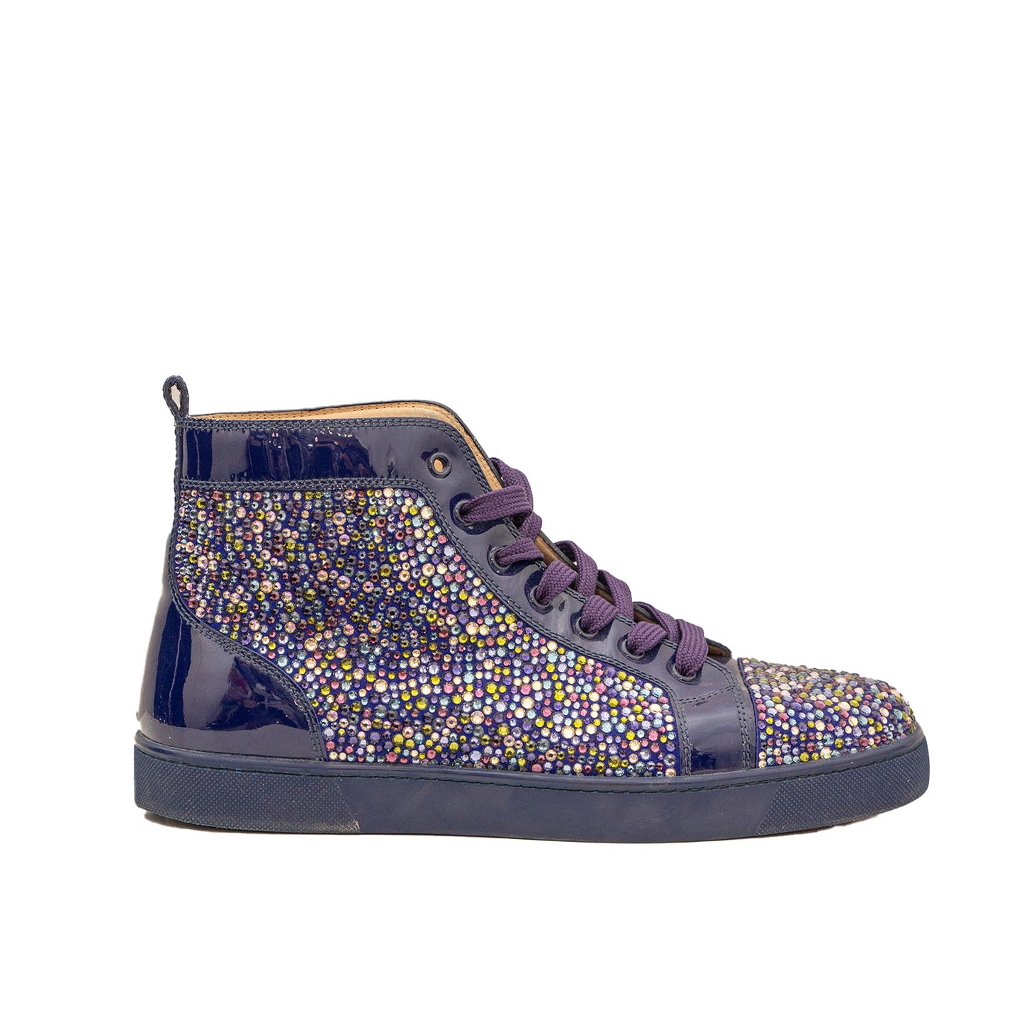 Christain Louboutin Swarovski Crystal Purple Bedazzled Patent Leather Mid-Top Sneaker