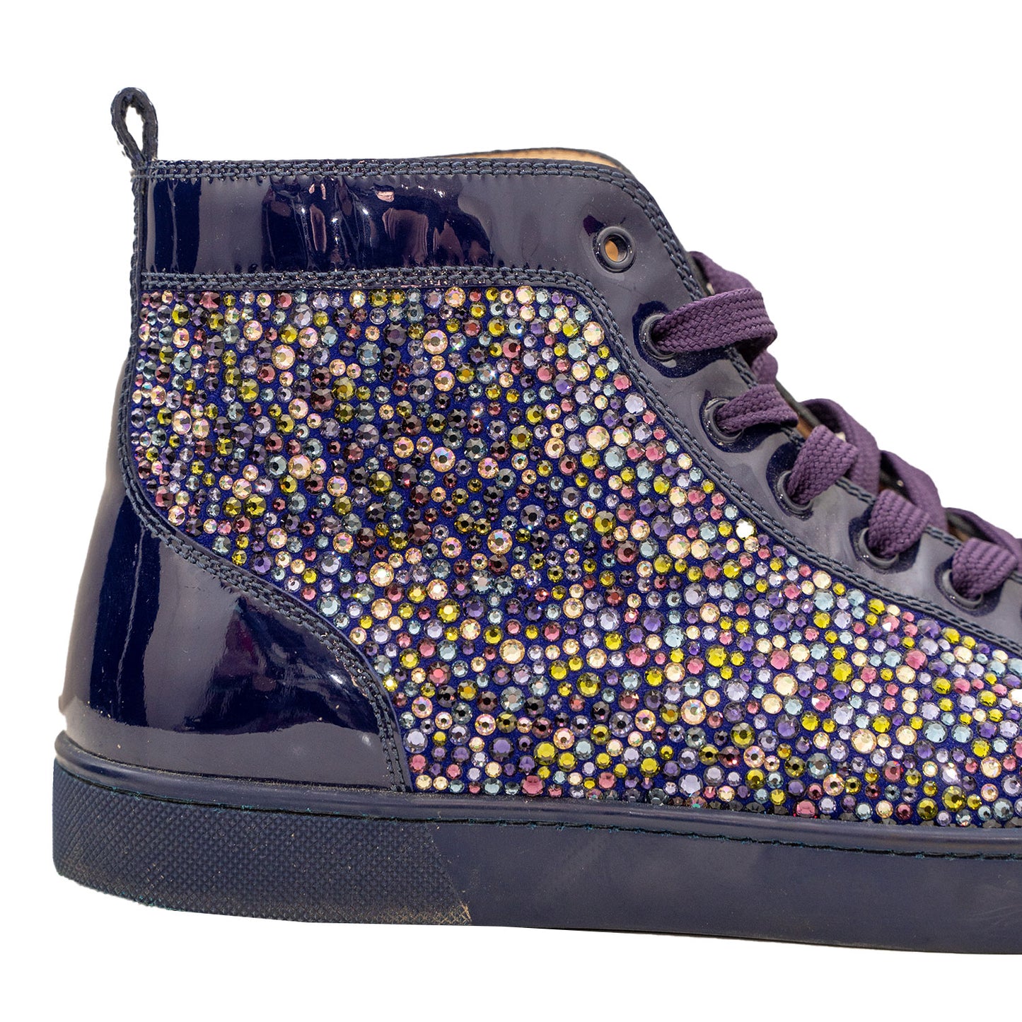 Christain Louboutin Swarovski Crystal Purple Bedazzled Patent Leather Mid-Top Sneaker