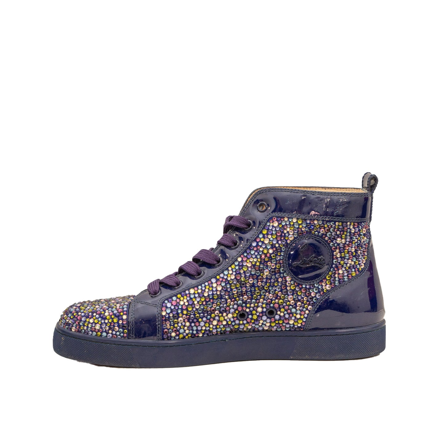 Christain Louboutin Swarovski Crystal Purple Bedazzled Patent Leather Mid-Top Sneaker