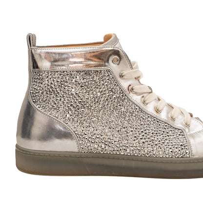 Christain Louboutin Swarovski Crystal silver Bedazzled Leather Mid-Top Sneaker