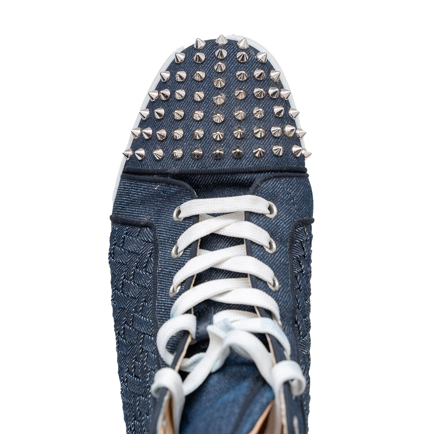 Christian Louboutin Denim Weave Spiked Oralto Mid-Top Sneaker