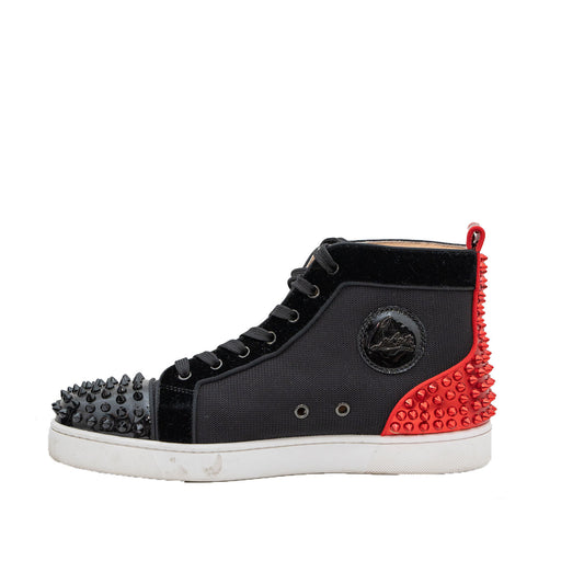Christian Louboutin Men's Red/Black Spiked Canvas Mid-Top Sneaker