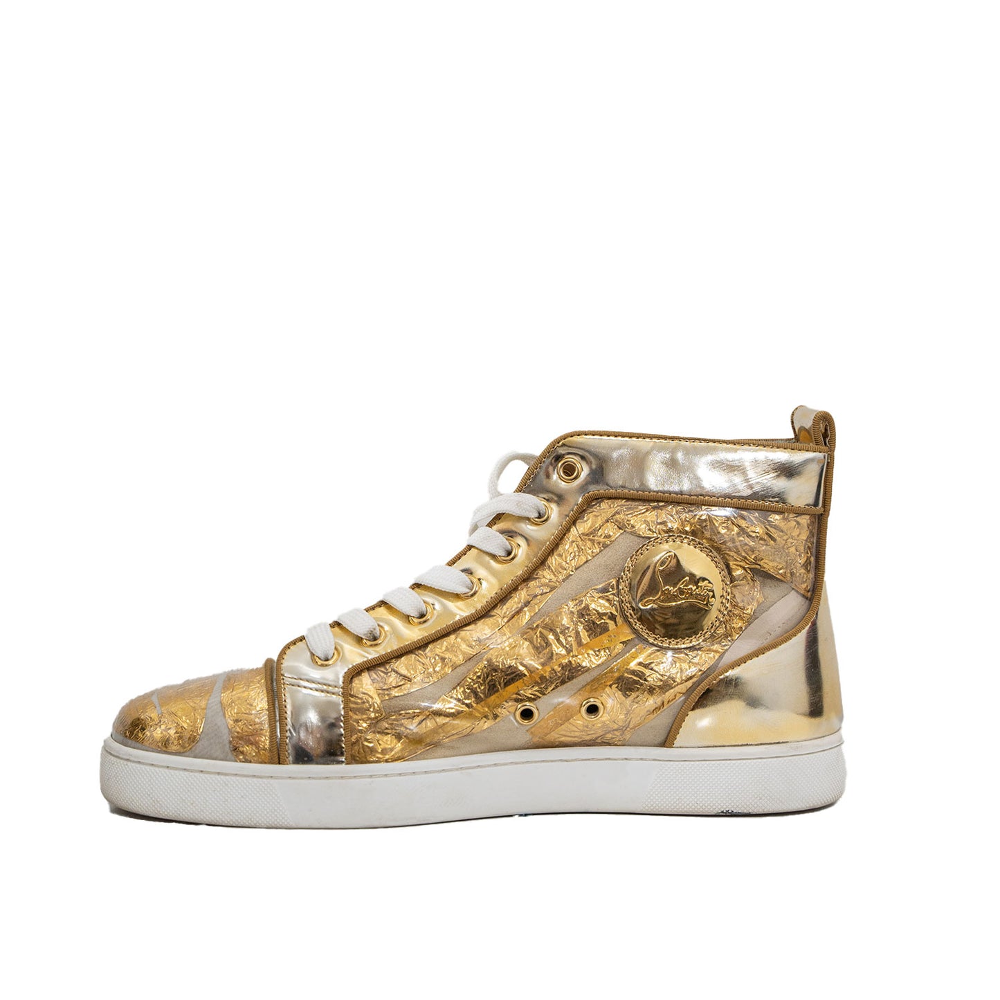 Christian Louboutin Men's Gold Foil Leather Mid-Top Sneakers