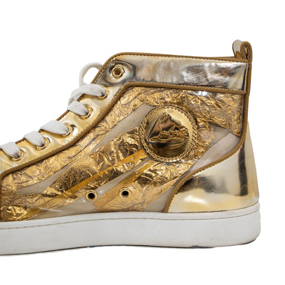 Christian Louboutin Men's Gold Foil Leather Mid-Top Sneakers