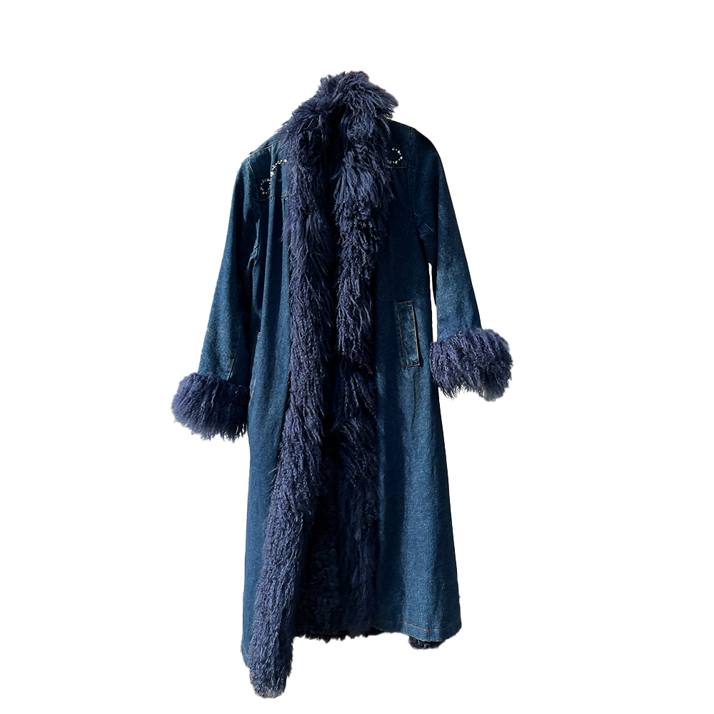 Vintage Denim & Fur Coat w/ Jeweled Detailing