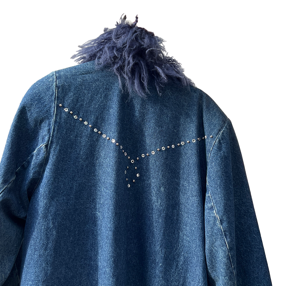 Vintage Denim & Fur Coat w/ Jeweled Detailing