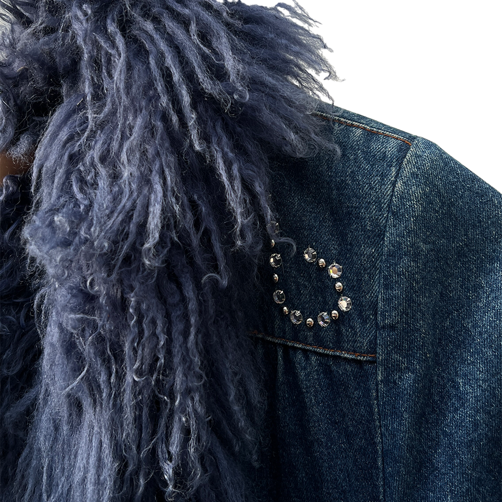 Vintage Denim & Fur Coat w/ Jeweled Detailing