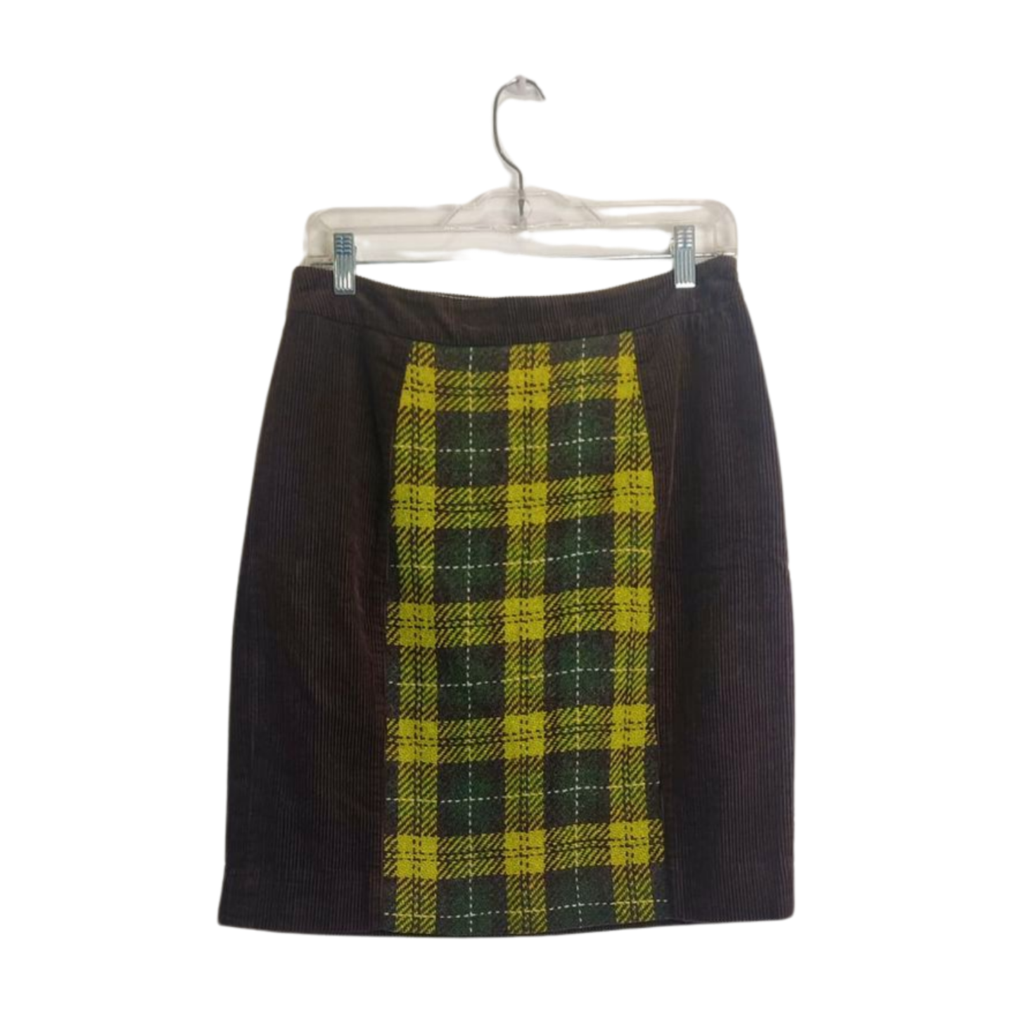MAEVE Brown Corduroy & Lime PLAID SWATHE PENCIL Retro Skirt
