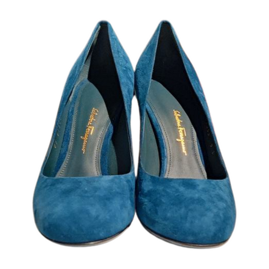 Salvatore Ferragamo Lucca Suede Cylinder Heel Pumps Blue