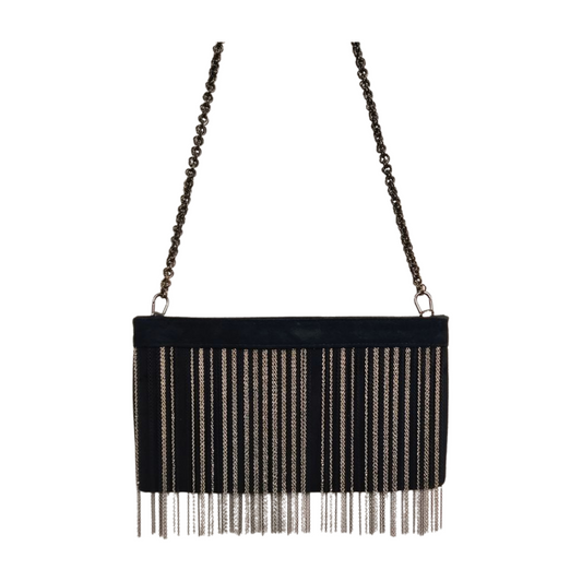 CC SKYE Gunmetal Fringe Black Suede Leather Chain Shoulder Bag