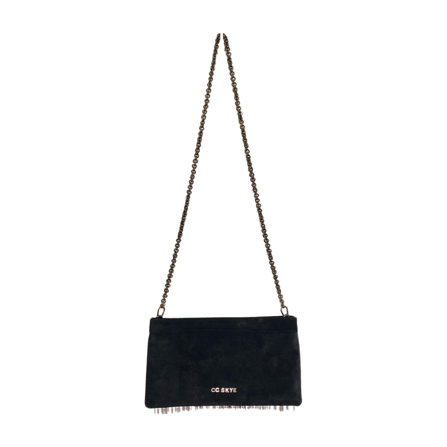 CC SKYE Gunmetal Fringe Black Suede Leather Chain Shoulder Bag