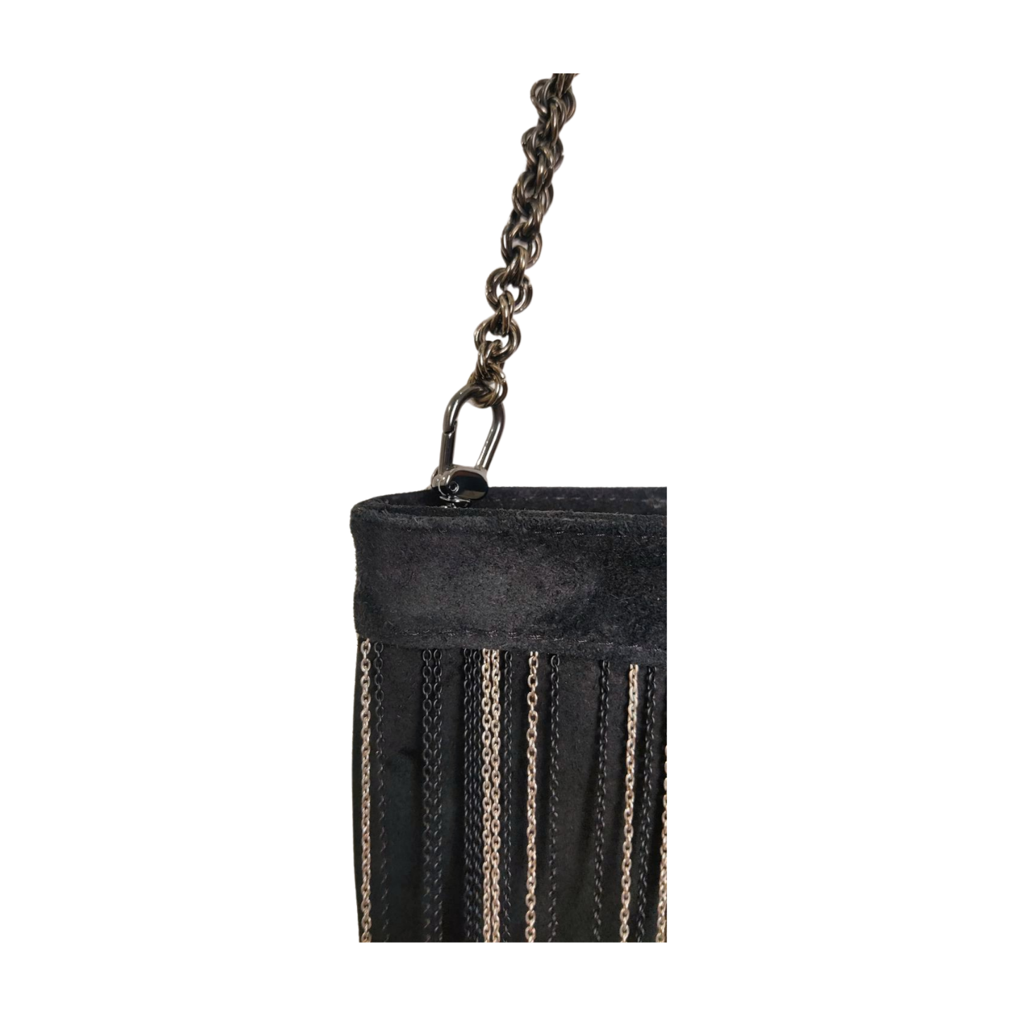 CC SKYE Gunmetal Fringe Black Suede Leather Chain Shoulder Bag