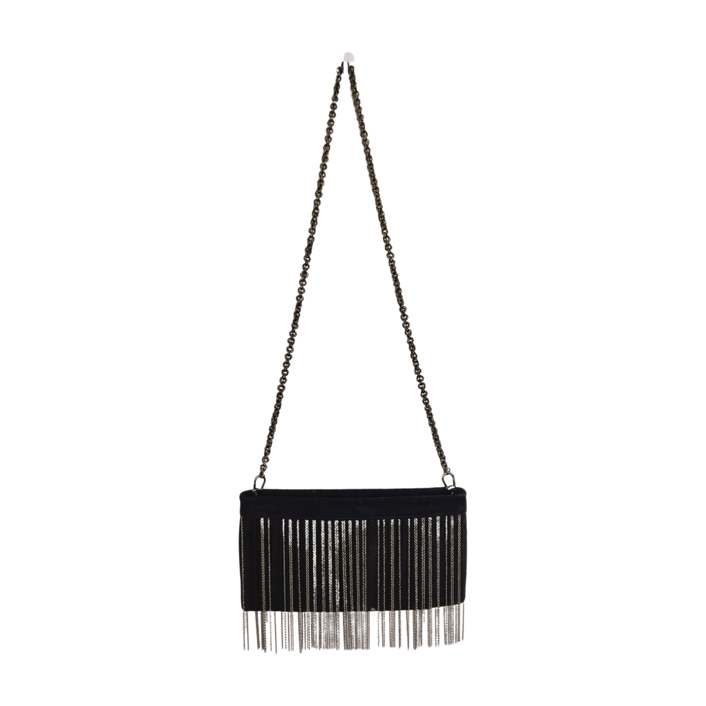 CC SKYE Gunmetal Fringe Black Suede Leather Chain Shoulder Bag