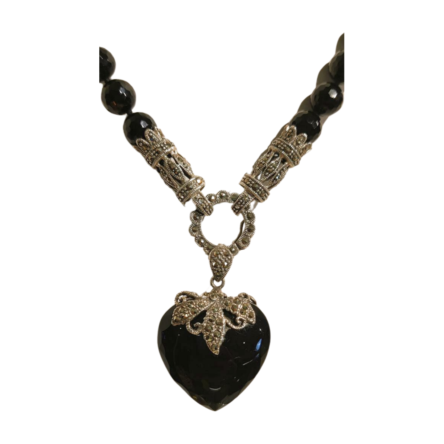Mytys Silver Black Marcasite Crystal & Black Onyx Necklace