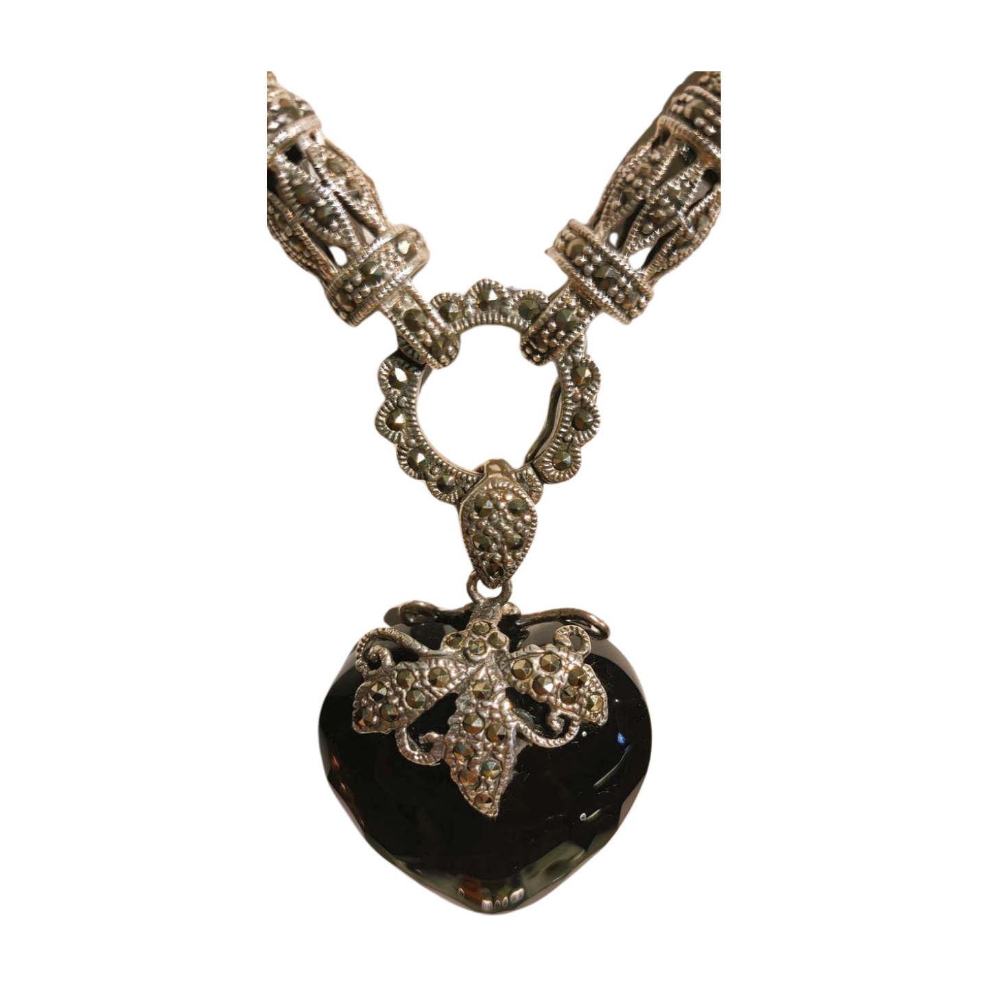 Mytys Silver Black Marcasite Crystal & Black Onyx Necklace