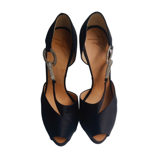 Giuseppe Zanotti Black Satin Rhinestone Heels