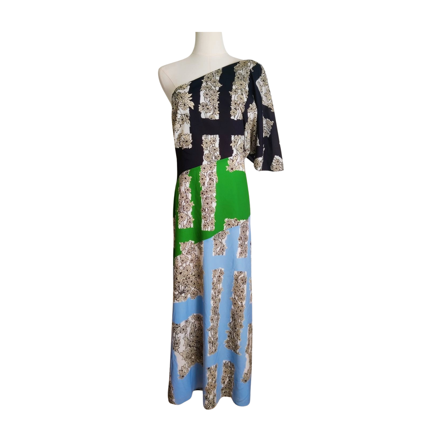 Lela Rose Colourblock Floral-print One-shoulder Dress