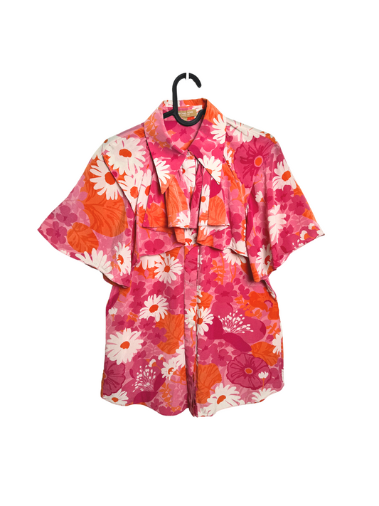 Michael Kors Floral Ruffle Button up Short Sleeve Blouse