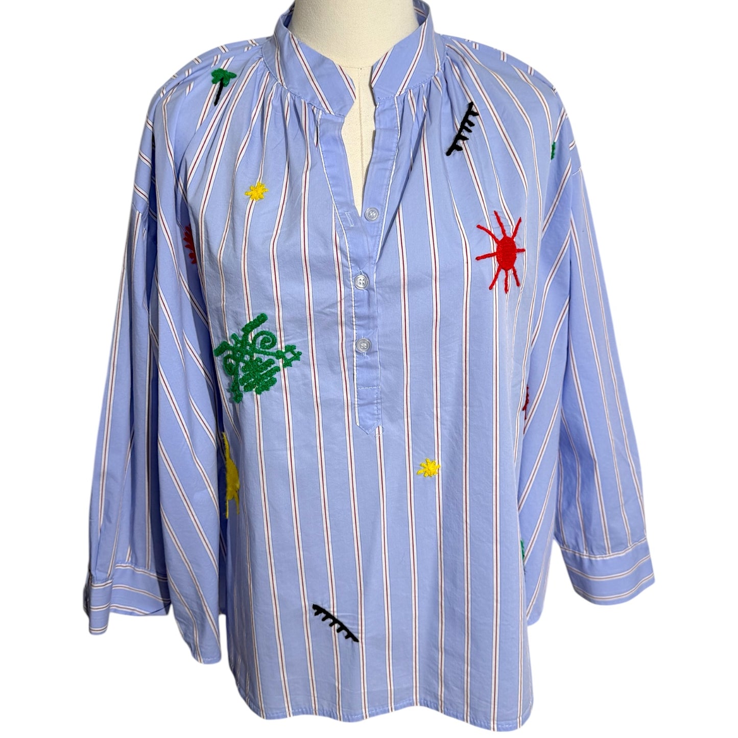 Johanna Paris Embroidered Striped Buttoned Blouse