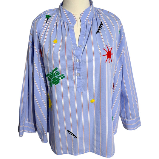Johanna Paris Embroidered Striped Buttoned Blouse
