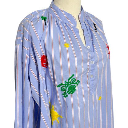 Johanna Paris Embroidered Striped Buttoned Blouse