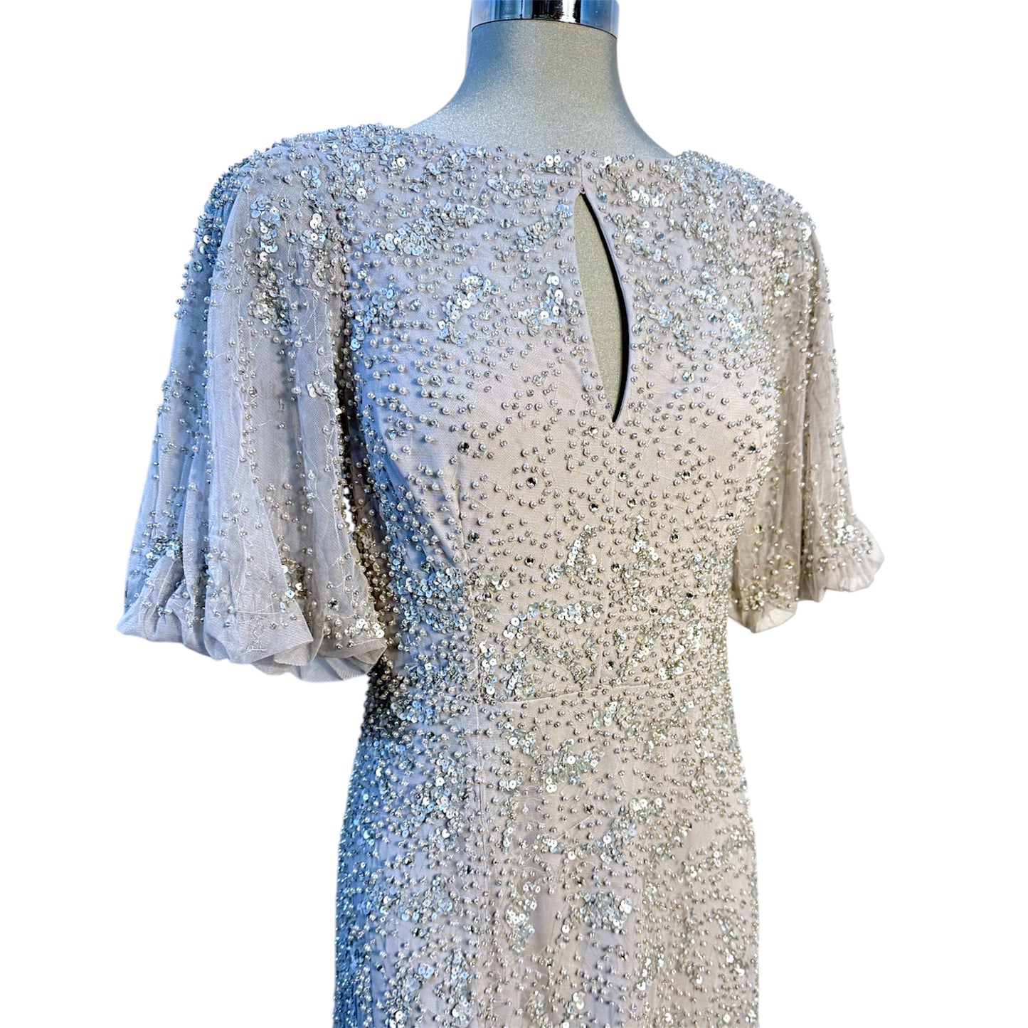 AIDEN MATTOX Keyhole Beaded Silver Gown