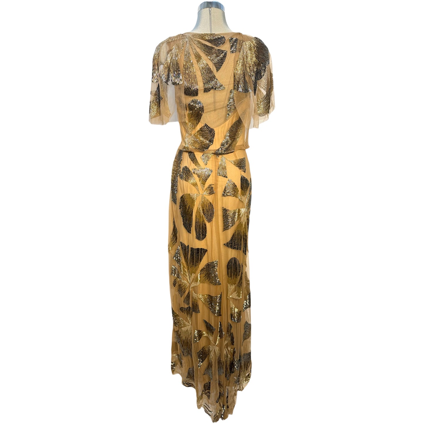 Monique LHuillier Sheer Gold Beaded Gown