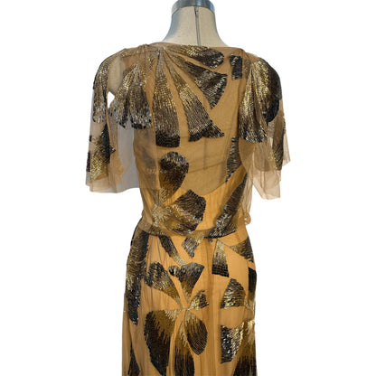 Monique LHuillier Sheer Gold Beaded Gown