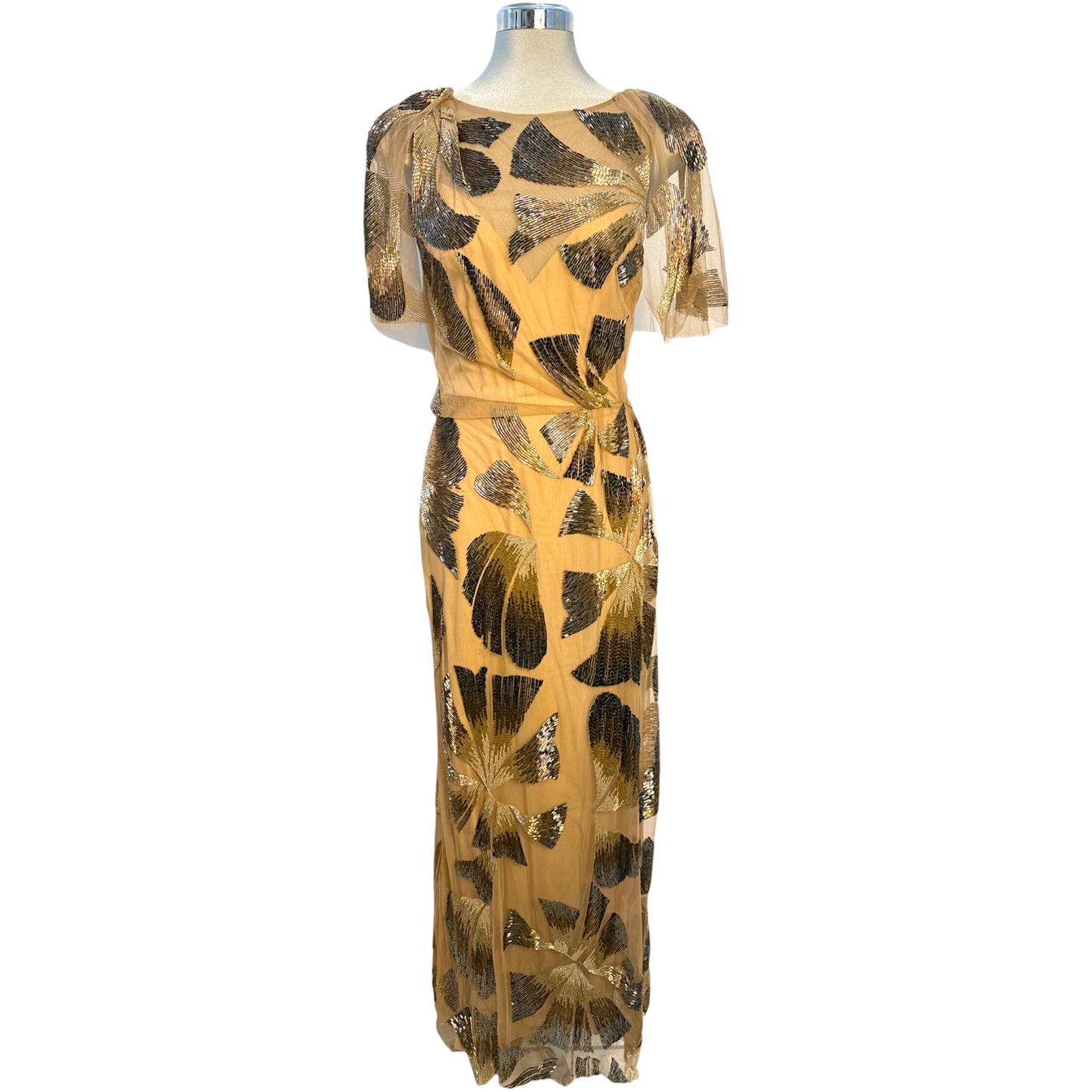 Monique LHuillier Sheer Gold Beaded Gown