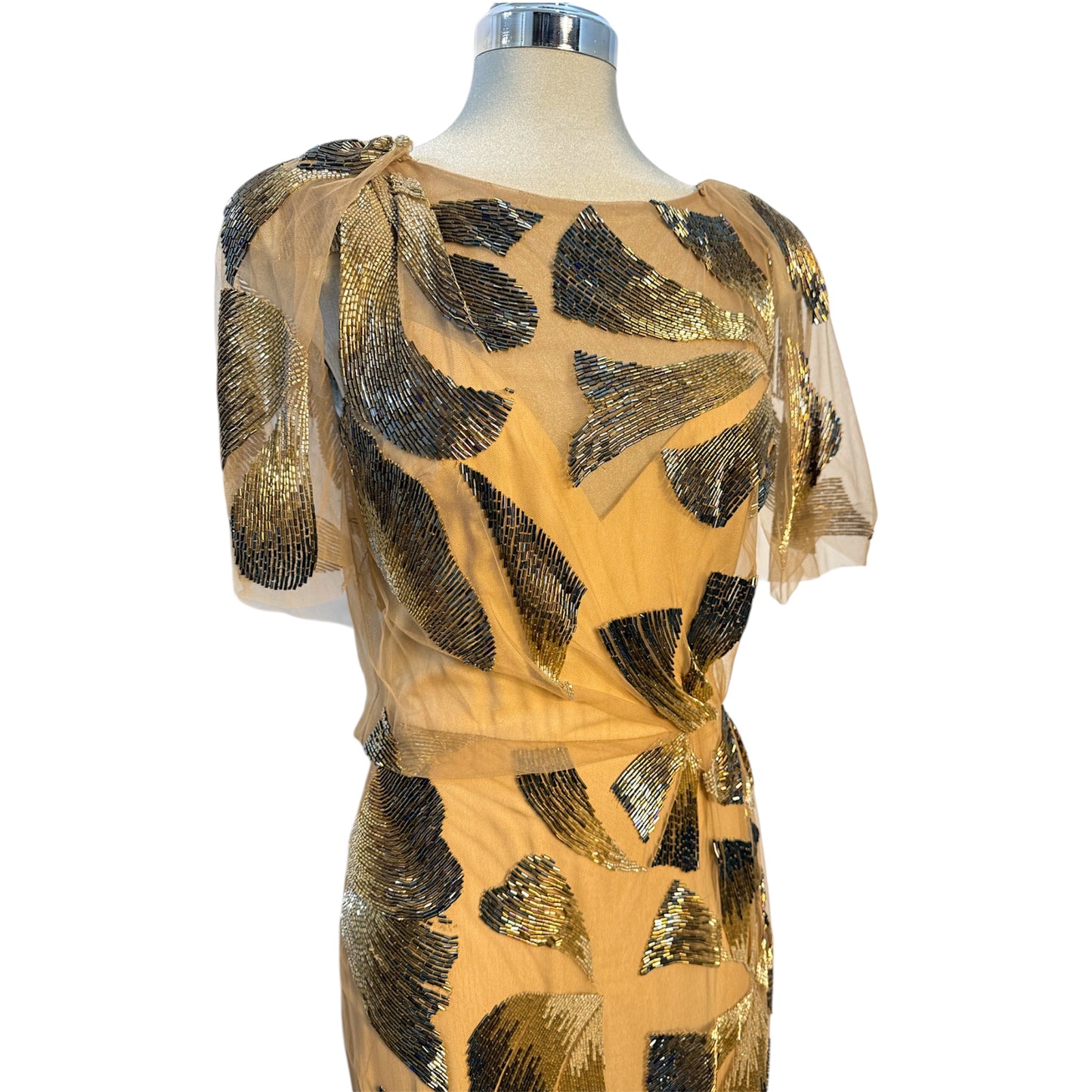 Monique LHuillier Sheer Gold Beaded Gown